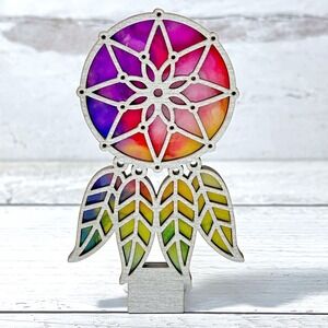 Rainbow Dreamcatcher Wood Night Light Plug In LED Stained Glass Style Boho Decor